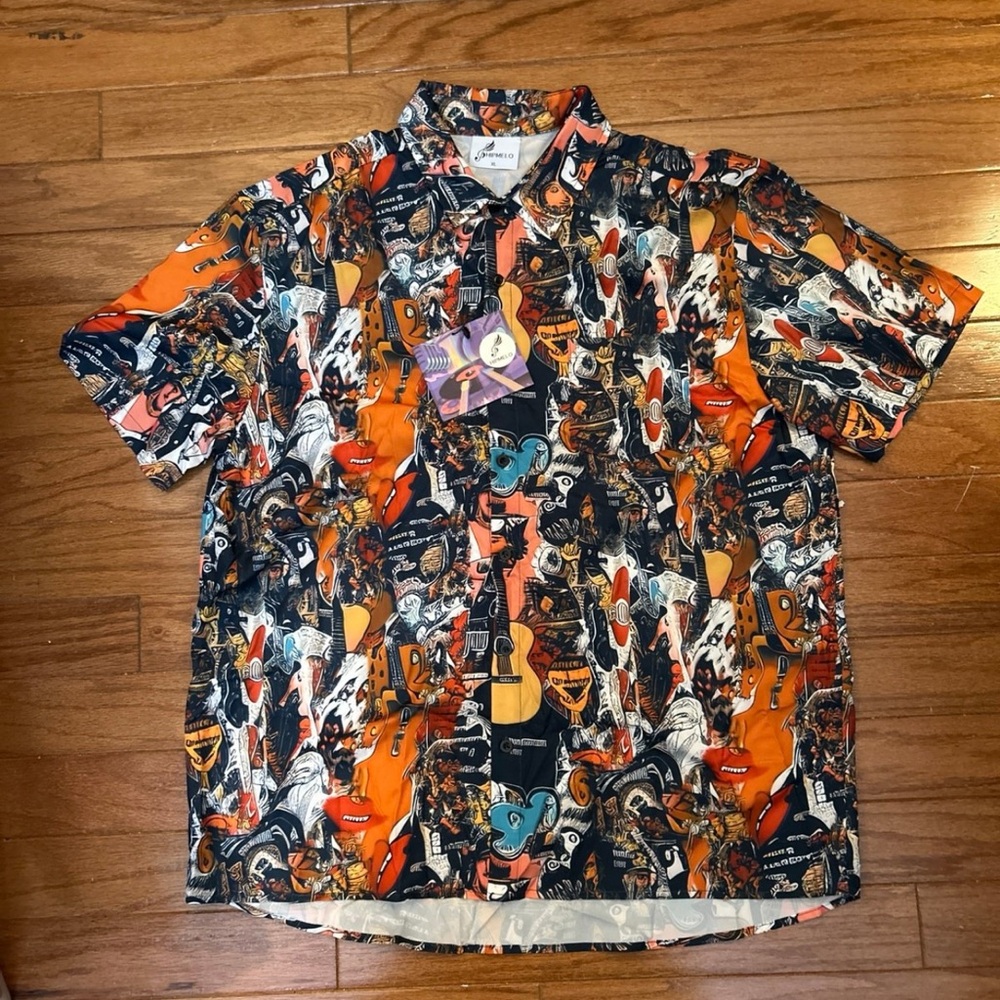 New with tags Hipmelo music themed short sleeve button up men’s shirt size XL